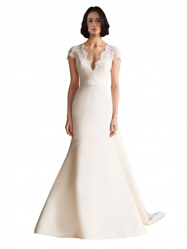 Cap Sleeves V-Neck Keyhole Back Satin A-Line Wedding Dress Brighton