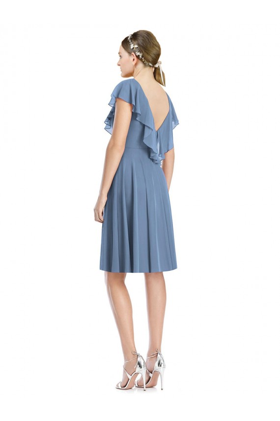 Cap Sleeves Dusty Blue V-Neck V-Back Soft Chiffon A-Line Bridesmaid Dress Brighton