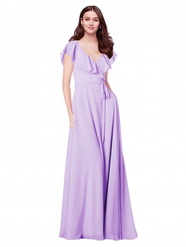 Cap Sleeves Lilac V-Neck V-Back Soft Chiffon A-Line Bridesmaid Dress / Formal Dress Brighton