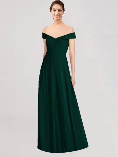 Sleeveless Ever Green Off the Shoulder Soft Chiffon A-Line Formal Dress / Bridesmaid Dress Brighton