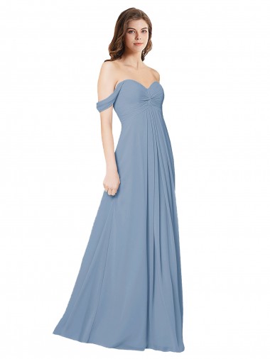 Sleeveless Dusty Blue Sweetheart Low Back Chiffon A-Line Wedding Party Dress Brighton