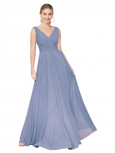 Sleeveless Dusty Blue V-Neck V-Back Soft Chiffon A-Line Formal Evening Gown / Prom Dress / Bridesmaid Dress Brighton