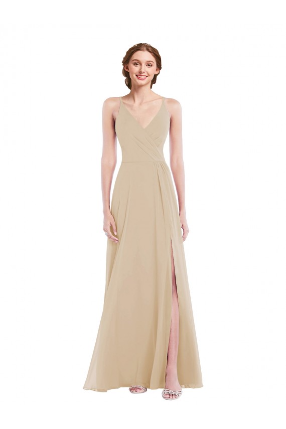 Sleeveless V-Neck Criss Cross Back Soft Chiffon A-Line Semi Formal Evening Dress / Bridesmaid Dress Brighton