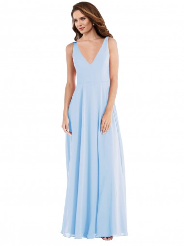 Sleeveless Light Sky Blue V-Neck Soft Chiffon A-Line Semi Formal Evening Dress / Bridesmaid Dress Brighton