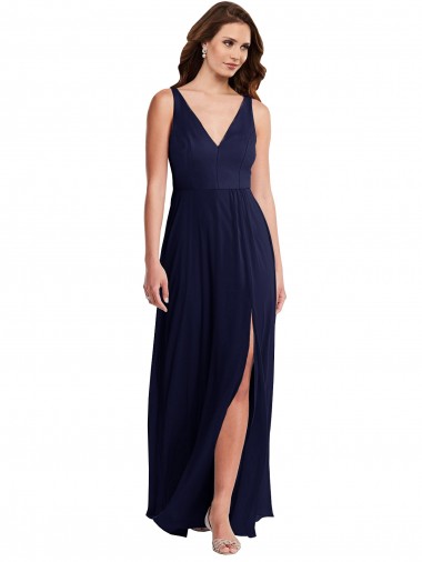 Sleeveless Dark Navy V-Neck V-Back Soft Chiffon A-Line Black Tie Evening Gown / Bridesmaid Dress Brighton