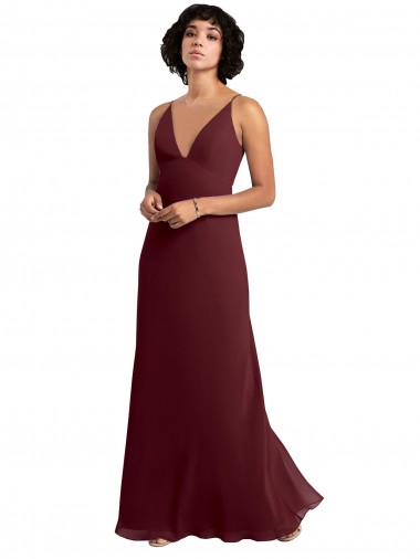 Sleeveless Burgundy Gold V-Neck V-Back Soft Chiffon A-Line Bridesmaid Dress / Formal Dress Brighton