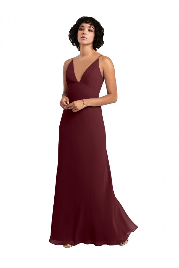 Sleeveless Burgundy Gold V-Neck V-Back Soft Chiffon A-Line Bridesmaid Dress / Formal Dress Brighton