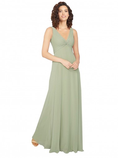 Sleeveless Sage V-Neck V-Back Chiffon A-Line Bridesmaid Dress / Evening Dress Brighton