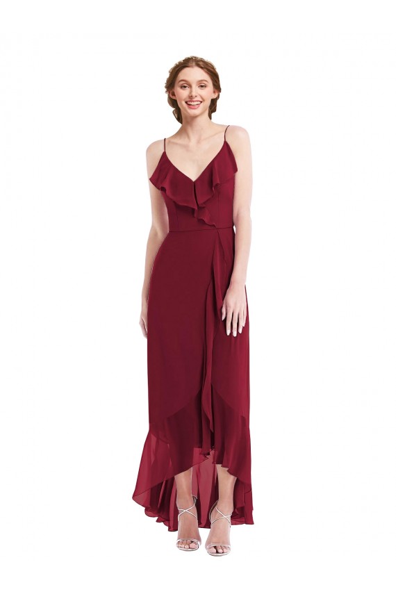 Sleeveless Spaghetti Straps Low Back Soft Chiffon A-Line High Low Evening Gown / Bridesmaid Dress Brighton