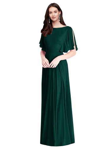 Bell Sleeves Bateau Neck V-Back Soft Chiffon A-Line Semi Formal Evening Dress / Bridesmaid Dress Brighton