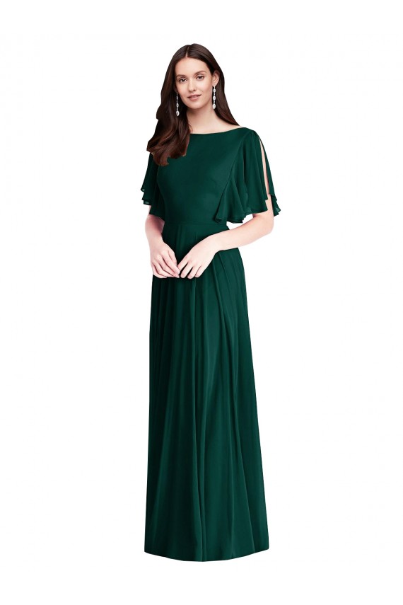 Bell Sleeves Bateau Neck V-Back Soft Chiffon A-Line Semi Formal Evening Dress / Bridesmaid Dress Brighton