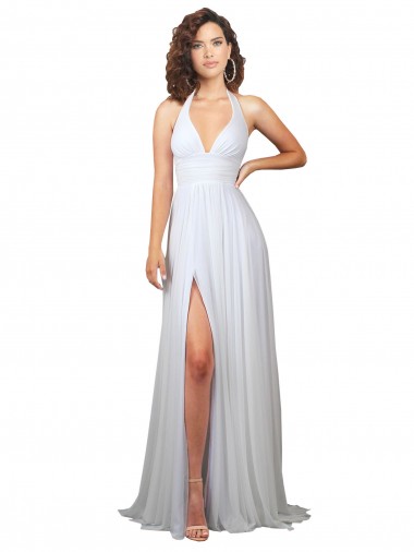 Sleeveless White V-Neck Low Back Soft Chiffon A-Line Semi Formal Evening Dress / Bridesmaid Dress Brighton