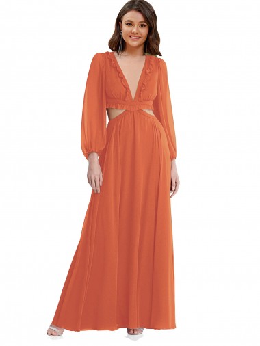 Long Sleeves V-Neck Open Back Soft Chiffon A-Line High Low Evening Gown / Bridesmaid Dress Brighton