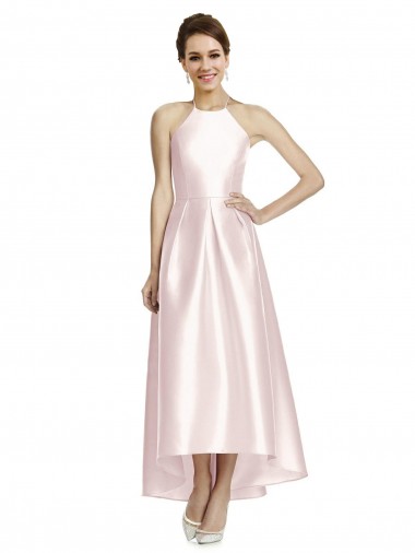 Sleeveless Spaghetti Straps Criss Cross Open Back Satin A-Line High Low Bridesmaid Dress Brighton