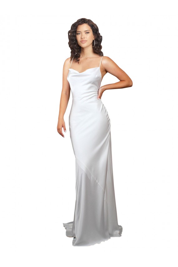 Sleeveless Cowl Neck Criss Cross Open Back Silk like Satin Sheath Beach Wedding Dresses Brighton