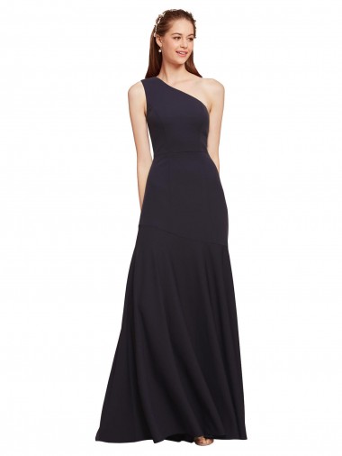 Sleeveless Dark Navy One Shoulder Stretch Crepe A-Line Formal Evening Gown / Prom Dress / Bridesmaid Dress Brighton