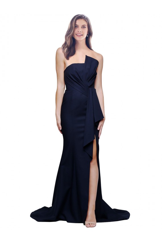 Sleeveless Dark Navy Strapless Low Back Stretch Crepe Sheath Semi Formal Evening Dress / Prom Dress / Bridesmaid Dress Brighton