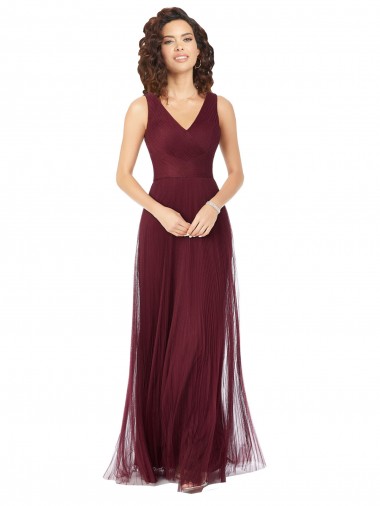 Sleeveless Burgundy Gold V-Neck Tulle A-Line Bridesmaid Dress Brighton