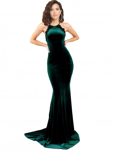 Sleeveless High Neck Low Back Stretch Velvet Mermaid Formal Evening Gown / Prom Dress / Bridesmaid Dress Brighton