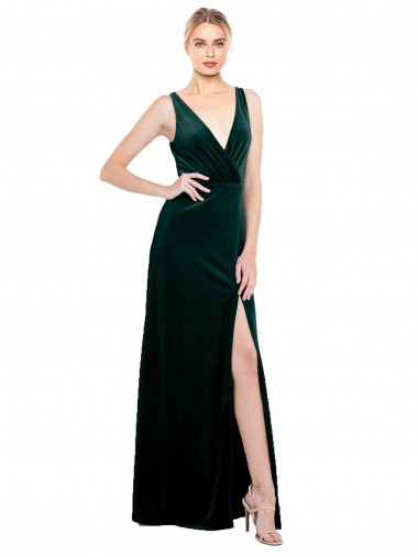 Sleeveless V-Neck V-Back Stretch Velvet A-Line Black Tie Evening Dress / Prom Dress / Bridesmaid Dress Brighton