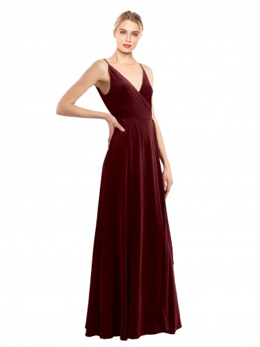 Sleeveless Burgundy V-Neck V-Back Stretch Velvet A-Line Bridesmaid Dress / Evening Dress Brighton