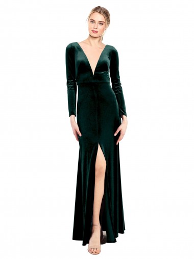 Long Sleeves V-Neck Open Back Stretch Velvet A-Line Black Tie Prom Dress / Bridesmaid Dress Brighton