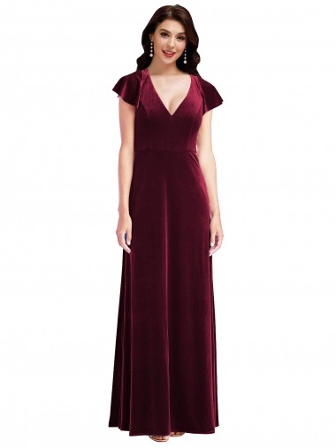 Flutter Sleeves V-Neck Stretch Velvet A-Line Semi Formal Evening Dress / Prom Dress / Bridesmaid Dress Brighton